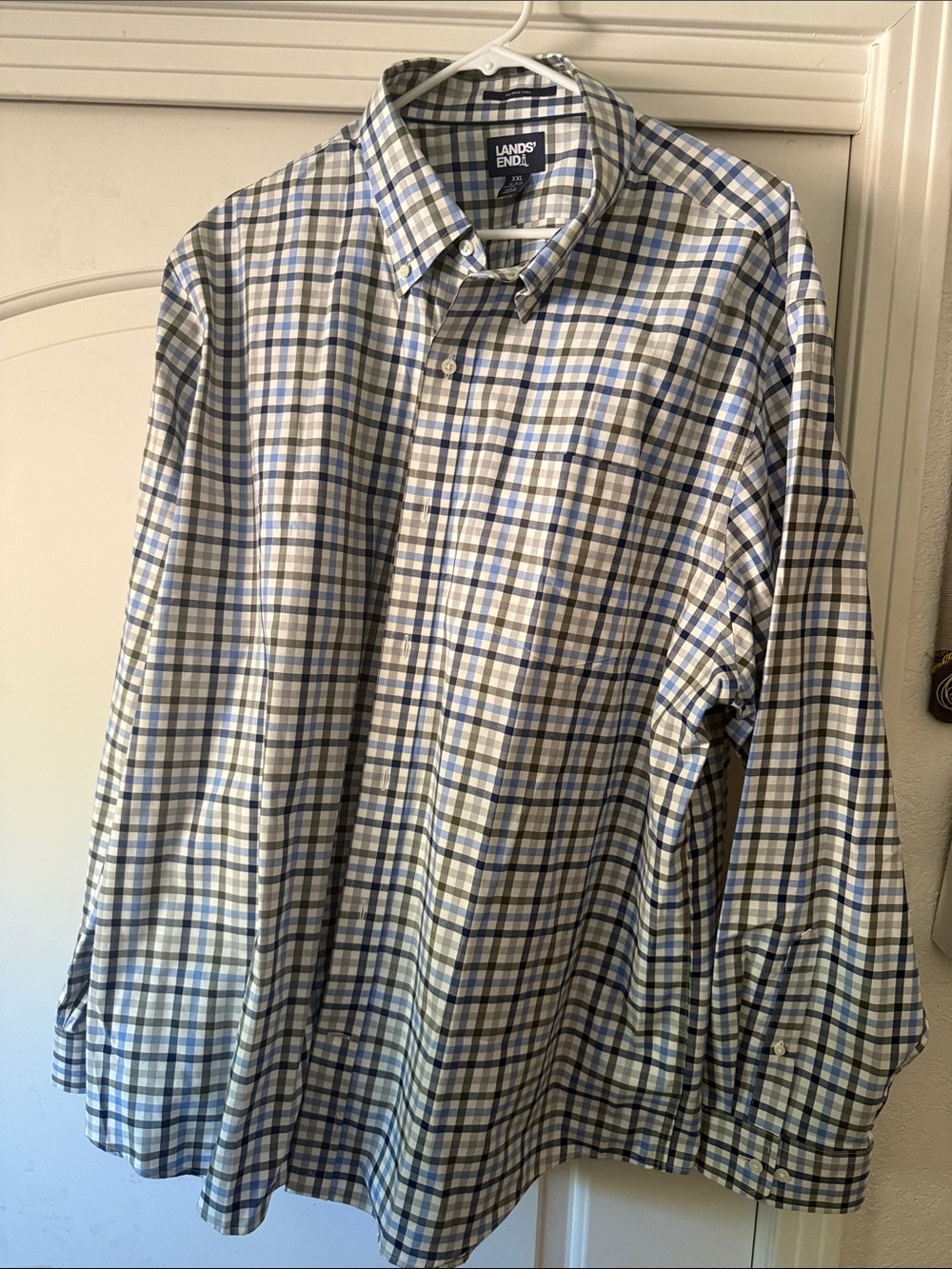 Lands' End Men's Blue, Gray and White Plaid Button-Down Shirt